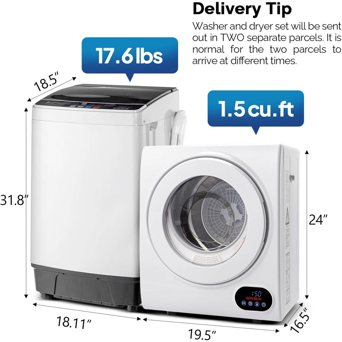 Washer and Dryer Combo, Compact Wash & Dry Laundry Set, Stainless Steel Tub, Smart Control, Low Noise, Wall-Mountable, for Apartment, Dorm, RV & Small Space