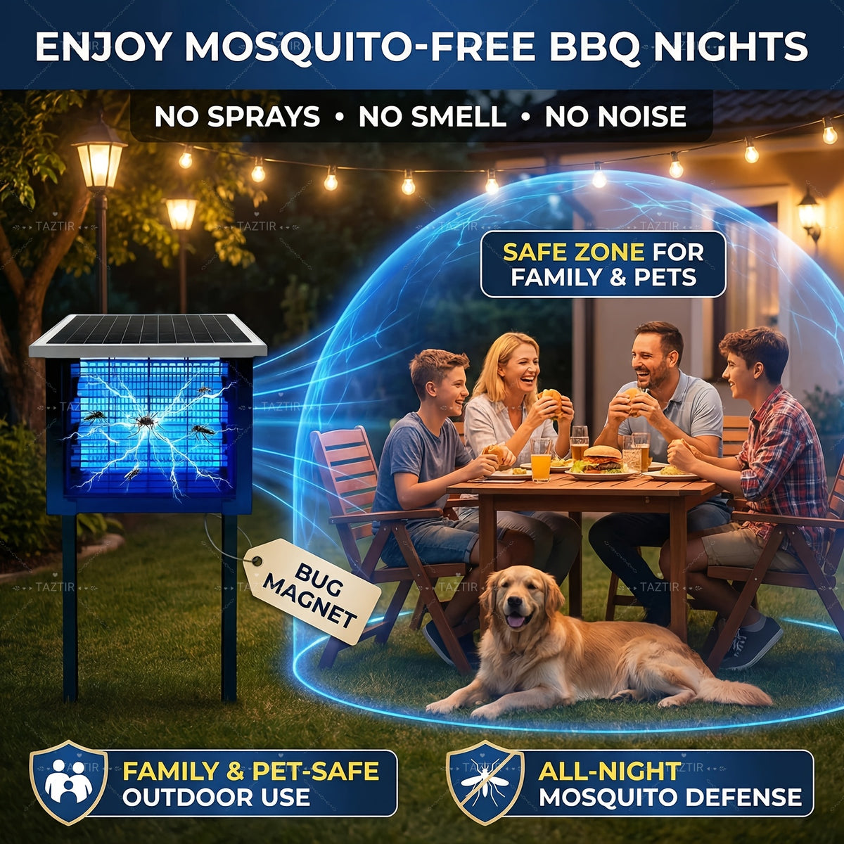 Solar Charging Insect Zapper with Listed 4500V Grid and 4000mAh Battery, Metal Shell Bug Trap with Two Modes for Garden and Patio Placement
