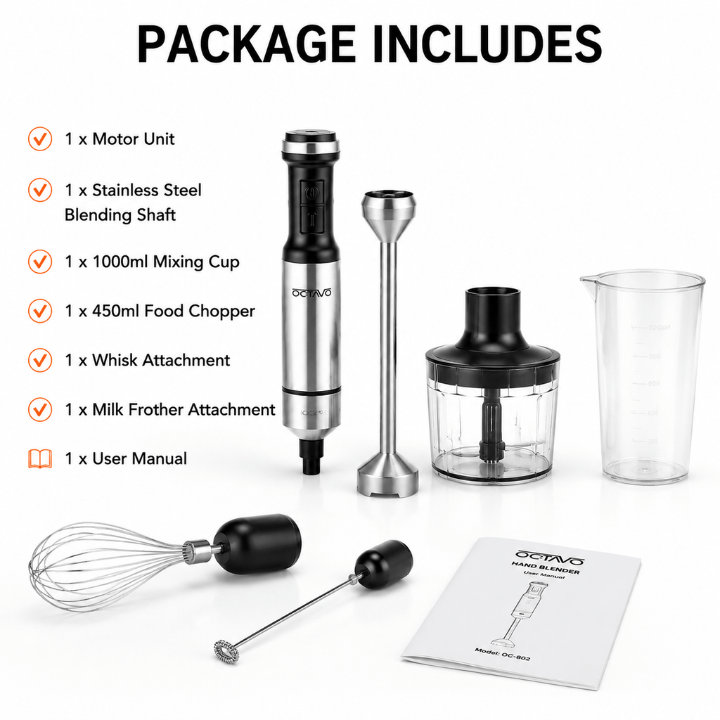 Hand Blender 800W 5-in-1 with 12-Speed Control & Turbo, Stainless Steel Shaft, Food Chopper, Whisk & Milk Frother for Soup, Smoothies and Baby Food