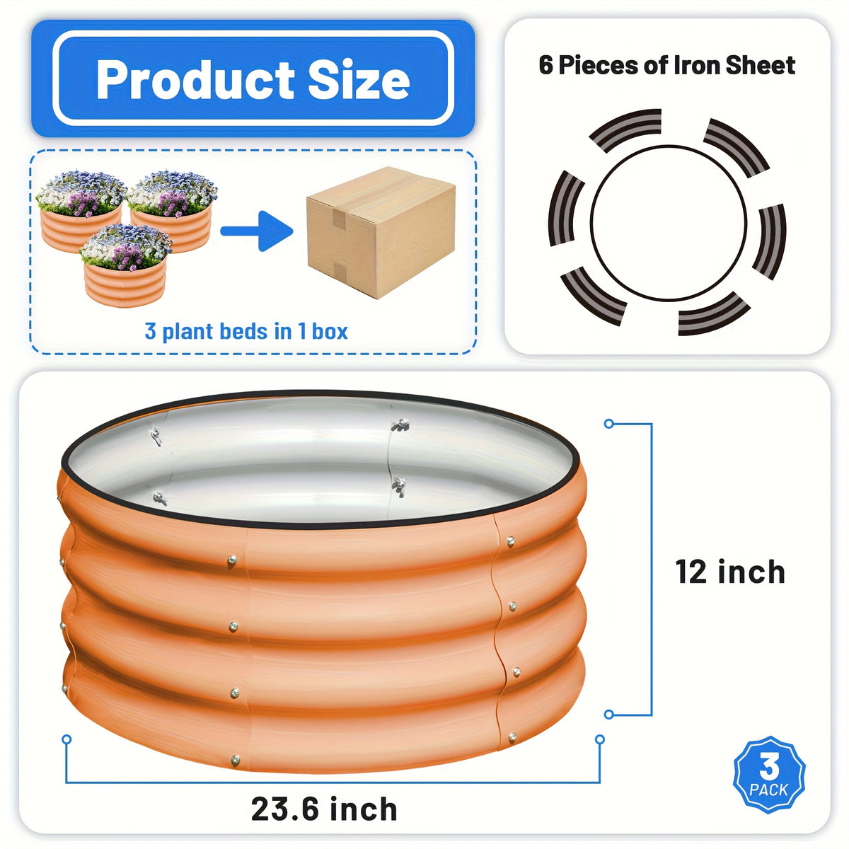 Compact Steel Raised Garden Bed Set with Three Open-Bottom Planters, Rubber Top-Rim Strips and Approximate 2x2x1ft Size in Green, Orange or Blue