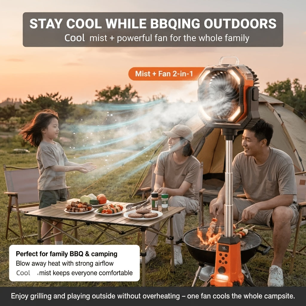 TAZTIR Camping Fan with Listed 20000mAh Battery, Basic or Mist Models in Black or Orange and a Mist+Scalable Option for Tent and Campsite Airflow