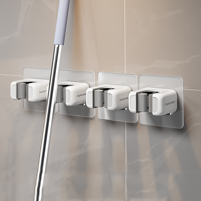 Mop and Broom Holder Clips in White, 4-Piece Self-Adhesive No-Drill Plastic Wall Organizer for Vertical Cleaning Tool Storage in Kitchens and Utility Rooms