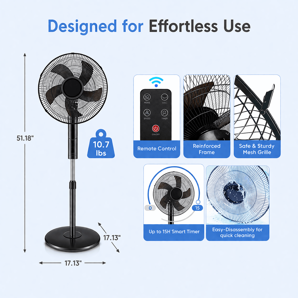 16-Inch Remote Control Standing Fan with Listed 60W AC Motor, Three Speeds, Three Modes, 80-Degree Oscillation and 15-Hour Timer in Black or White for Home