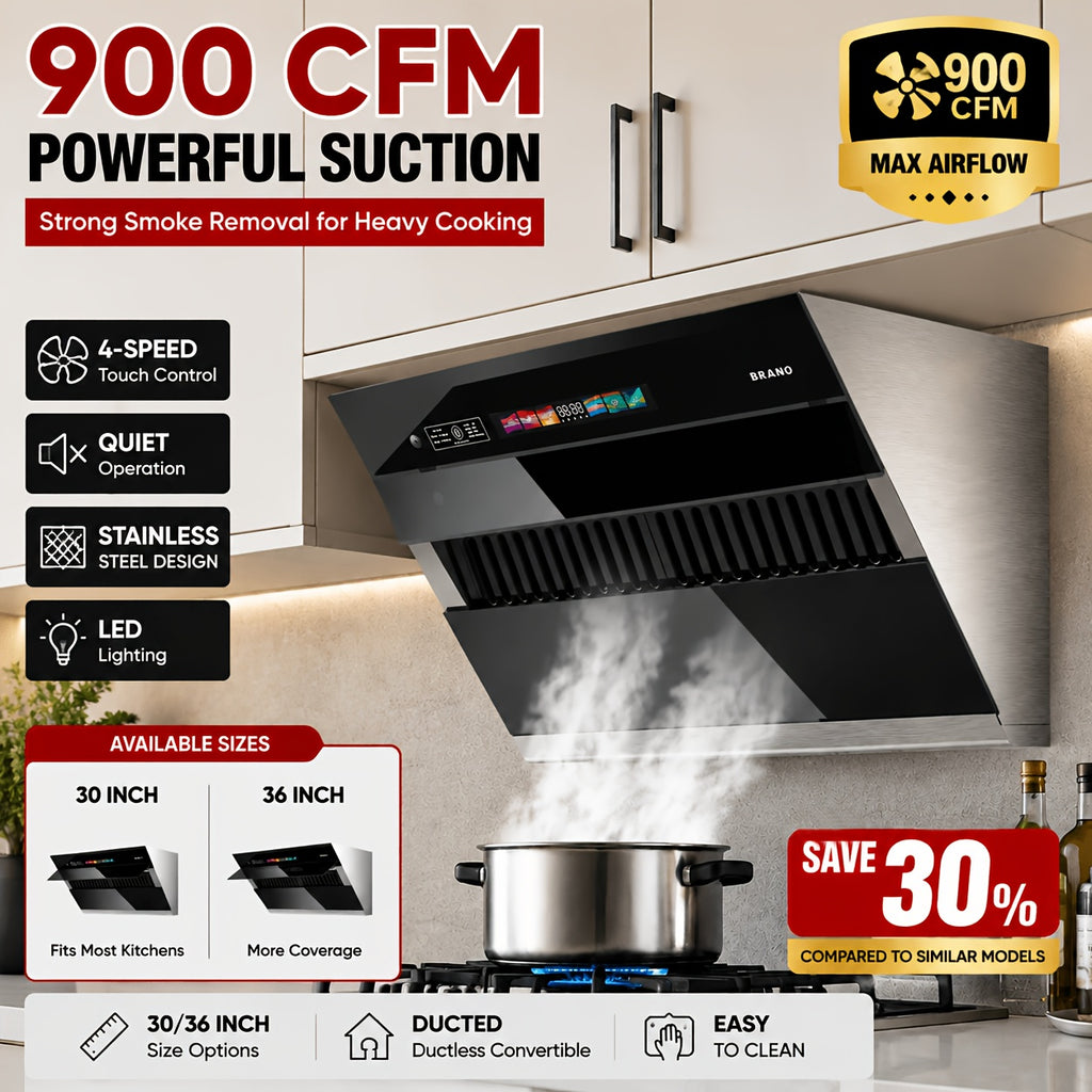 Under-Cabinet Side-Draft Range Hood by BRANO with Voice, Gesture and Touch Controls, Four Fan Speeds and Stainless Steel Filters, 30 or 36 Inch Options