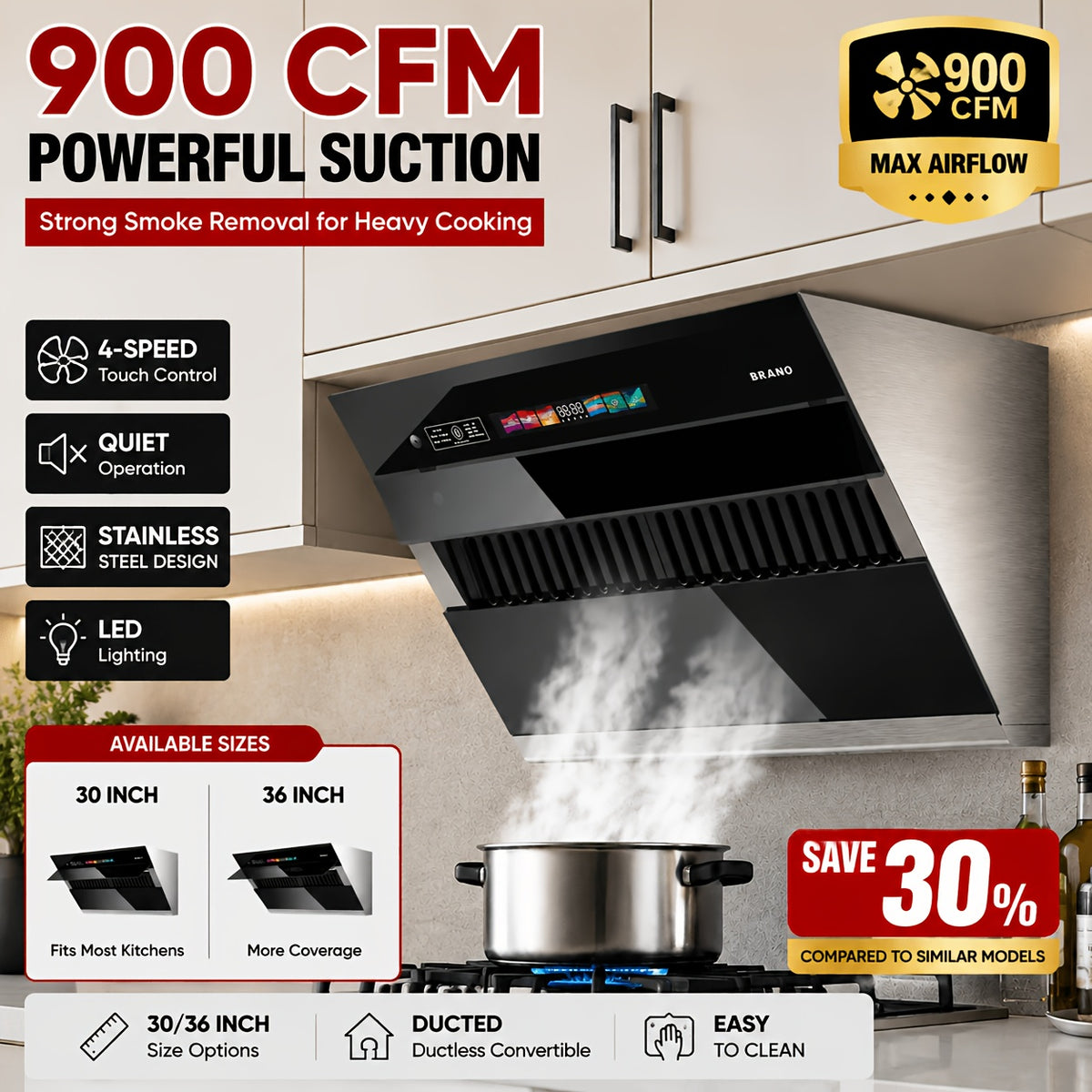 Under-Cabinet Side-Draft Range Hood by BRANO with Voice, Gesture and Touch Controls, Four Fan Speeds and Stainless Steel Filters, 30 or 36 Inch Options