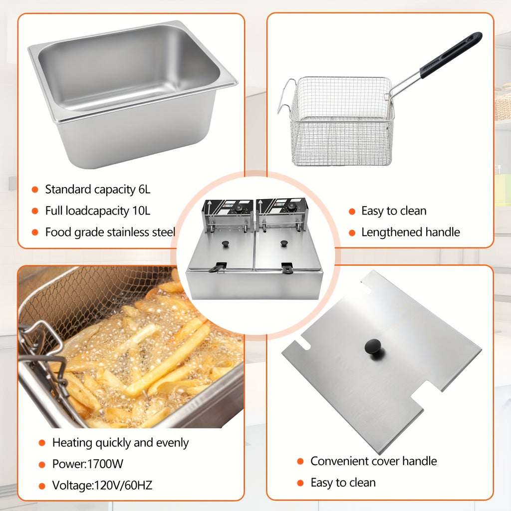 Commercial Electric Deep Fryer with Removable Tank and Lid, Stainless Steel Countertop Frying Appliance in Listed 12L Capacity for Kitchen Food Preparation