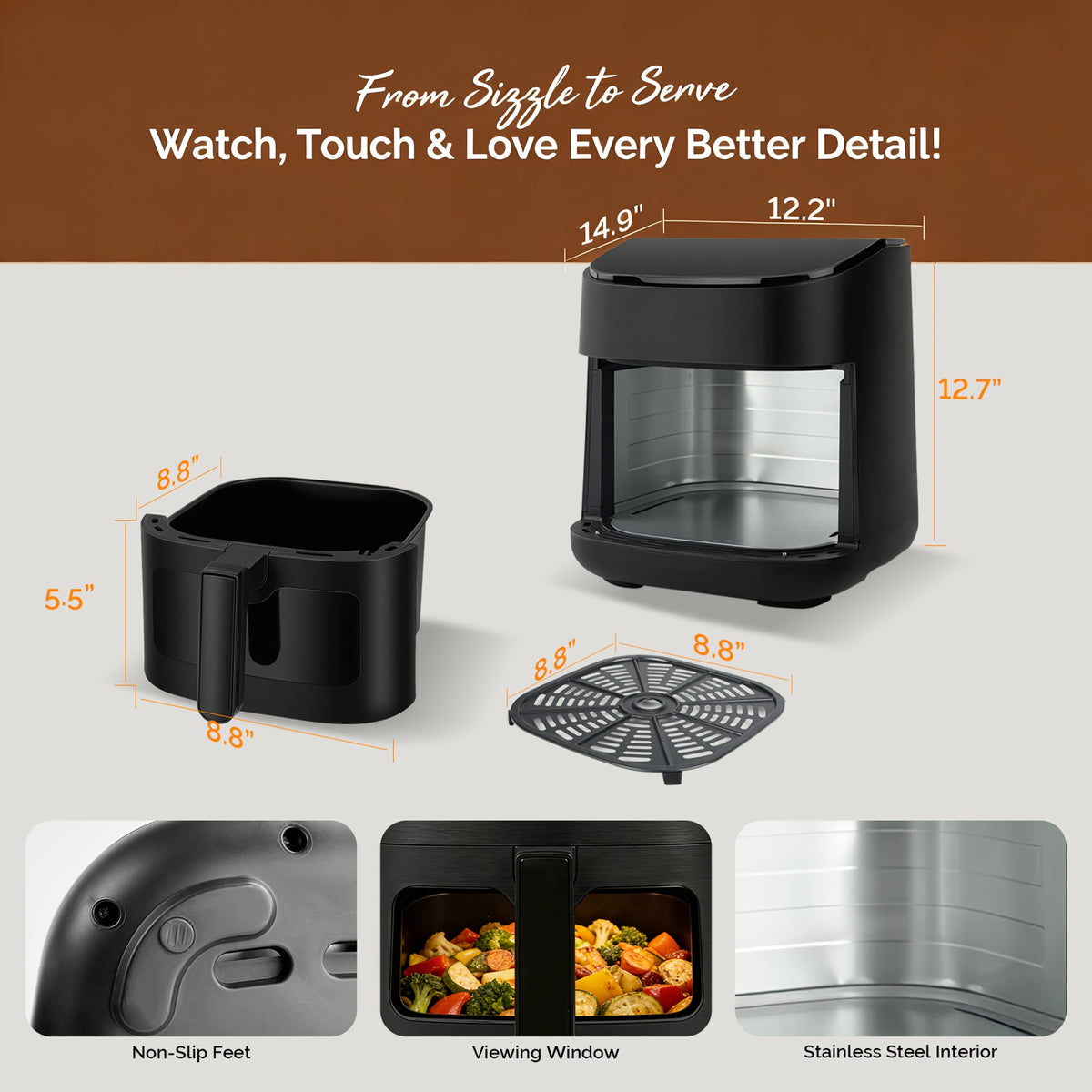 Viewing Window Air Fryer with Listed Angled Color Touchscreen and 8 Cooking Presets, 2.8QT or 6.8QT Options for Everyday Meals, Snacks and Family Gatherings