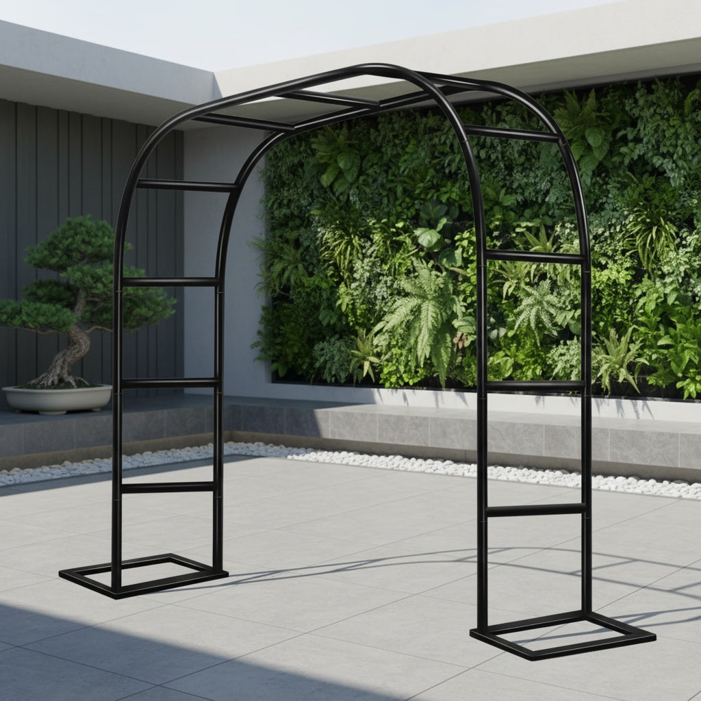 Garden Arbor Arch for Climbing Plants, Metal Wedding Trellis with Two Assembly Size Configurations, White or Black with Base and Black without Base Options