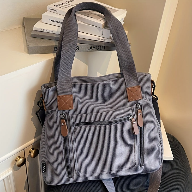Retro Workwear Corduroy Handbag with Multiple Pockets, Women's Adjustable-Strap Shoulder and Crossbody Bag in Black, Grey or Green for Daily Commuting