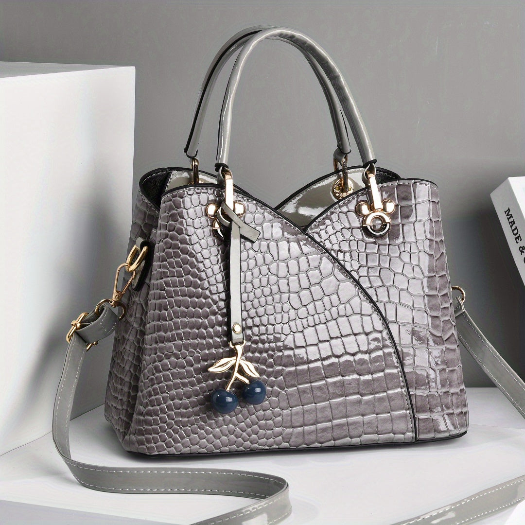 Faux Crocodile Texture Handbag, Women's Burgundy or White Fashion Bag with Cherry Pendant, Zipper Closure and Polyester Lining for Shoulder and Crossbody Styling