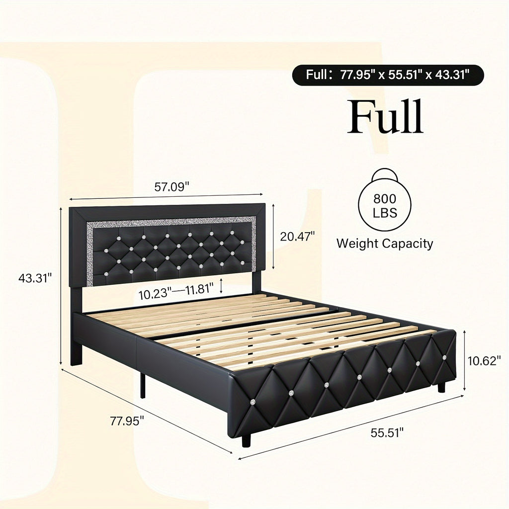 Diamond Tufted Upholstered Bed Frame in Black Faux Leather with Headboard, Footboard and Wooden Slat Support, Twin, Full, Queen and King Options