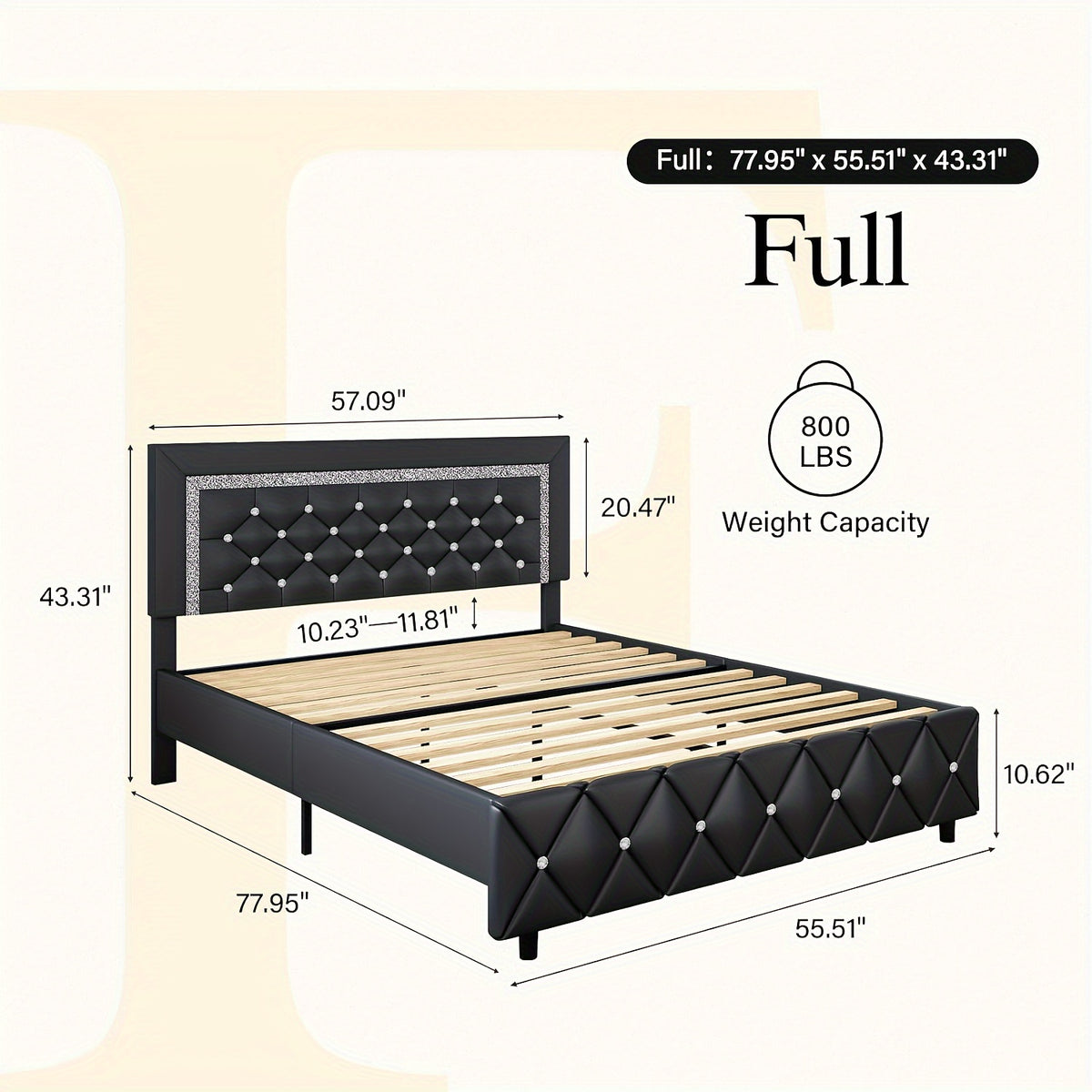 Diamond Tufted Upholstered Bed Frame in Black Faux Leather with Headboard, Footboard and Wooden Slat Support, Twin, Full, Queen and King Options