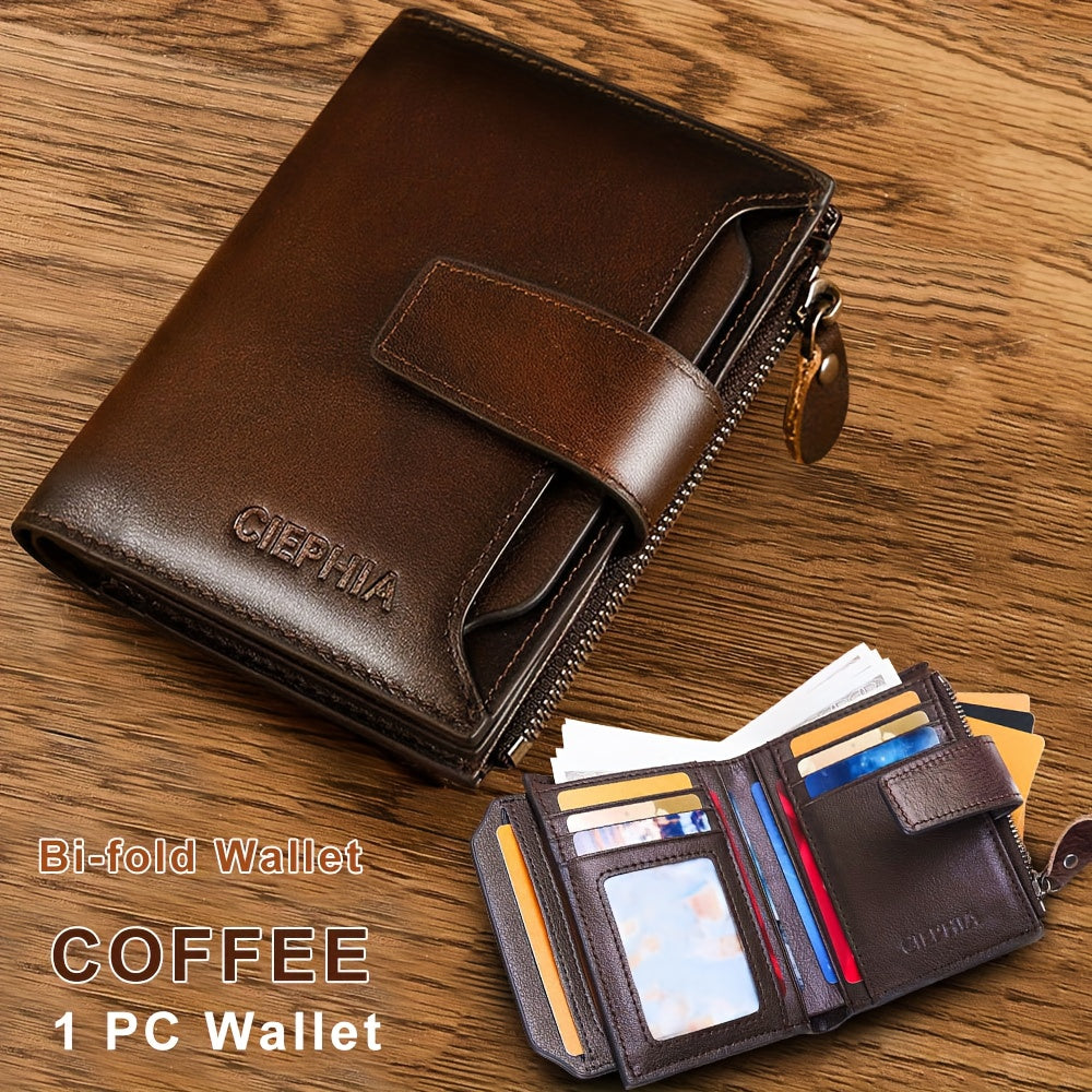 Leather Wallet for Men with Listed RFID Blocking Design, Card Slots, Coin Pocket and ID Storage, Six Brown, Black and Coffee Color or Bifold Options