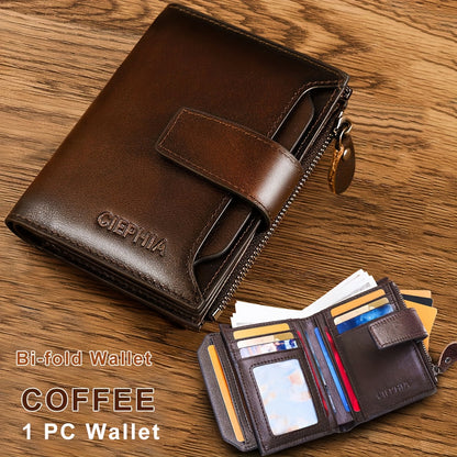 Leather Wallet for Men with Listed RFID Blocking Design, Card Slots, Coin Pocket and ID Storage, Six Brown, Black and Coffee Color or Bifold Options