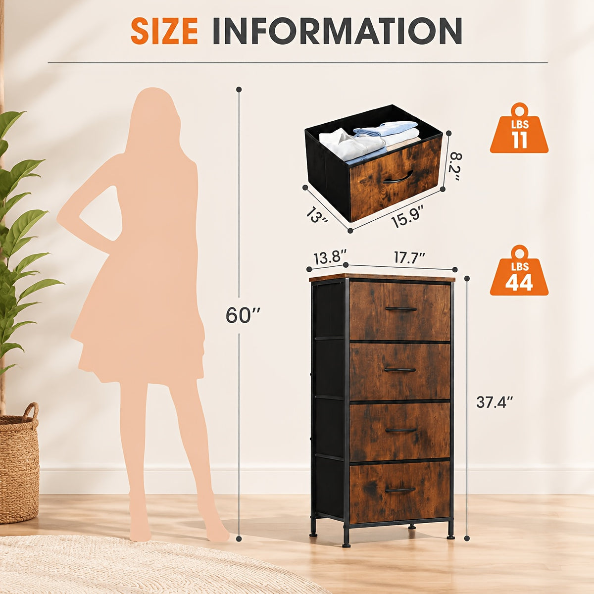 Multi-Drawer Fabric Storage Cabinet with Wooden Top, Four, Five, Seven or Eight Drawer Model Options for Closet, Entryway and Living Room Home Organization