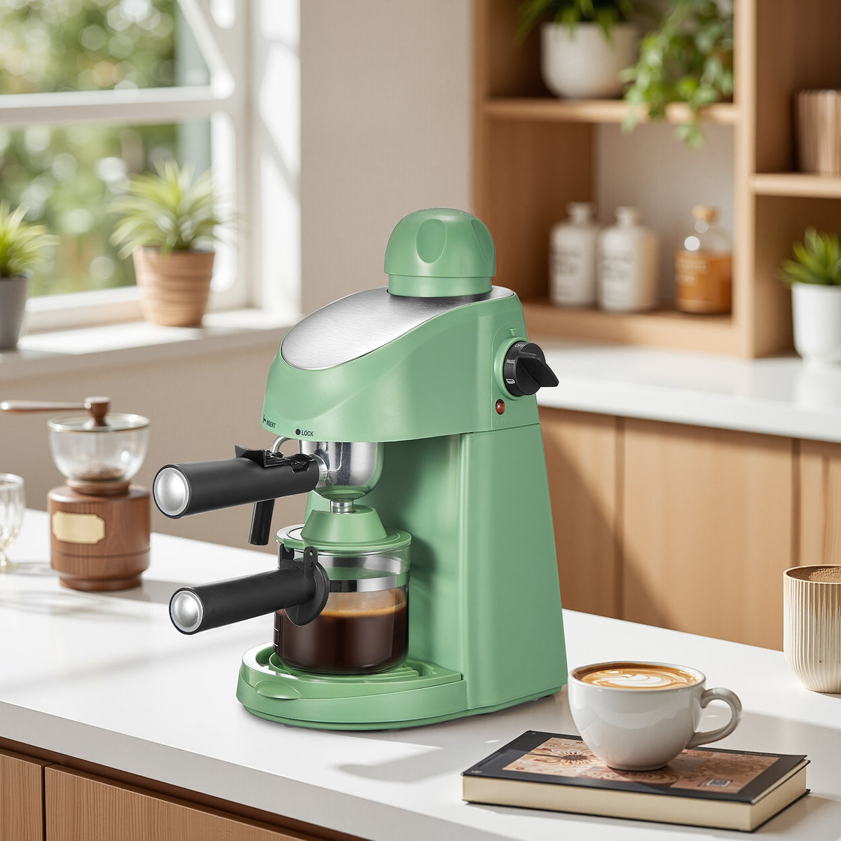 3.5 Bar Steam Espresso Machine Yabano, Compact Four-Cup Coffee Maker with Built-In Milk Frothing Wand and Removable Drip Tray in Black for Home