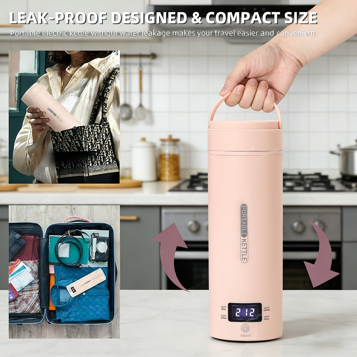 Mini Travel Electric Kettle with Four Temperature Settings and Listed 304 Stainless Steel, Auto Shut-Off and Boil-Dry Protection, White with Sleeve and Pink Sleeve Options