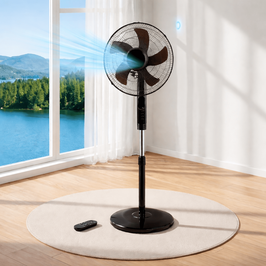 16-Inch Remote Control Standing Fan with Listed 60W AC Motor, Three Speeds, Three Modes, 80-Degree Oscillation and 15-Hour Timer in Black or White for Home