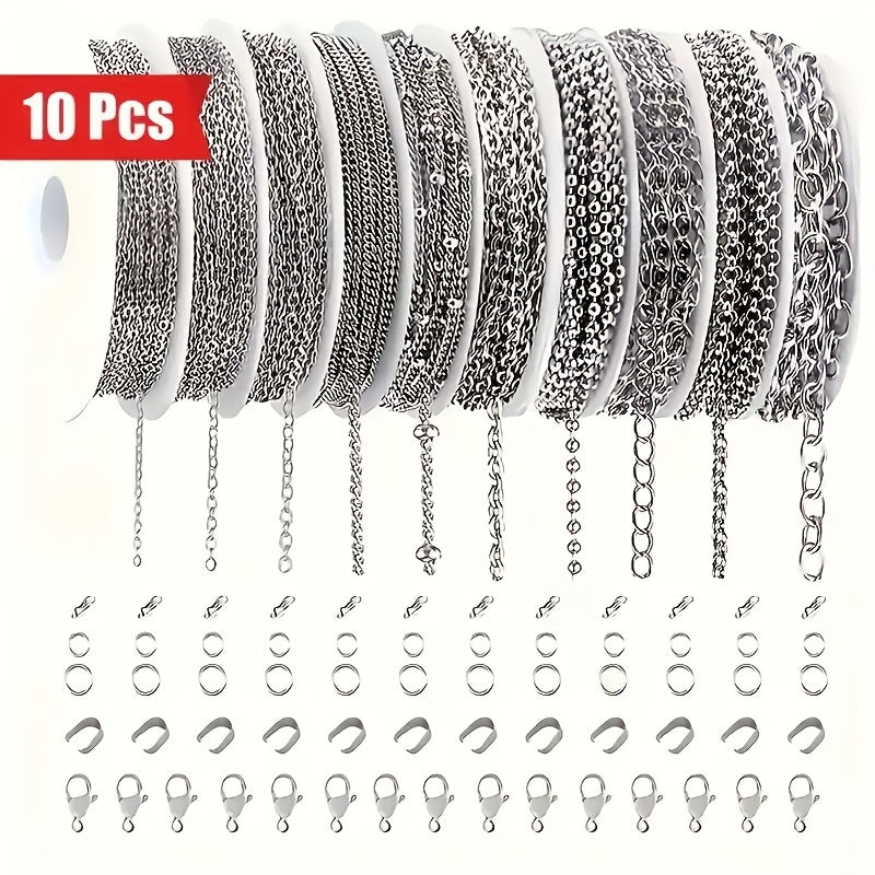Jewelry Chain Rolls 10-Pack, 304 Stainless Steel Assorted Chain Making Supplies for DIY Necklaces, Bracelets and Personalized Handmade Gift Projects