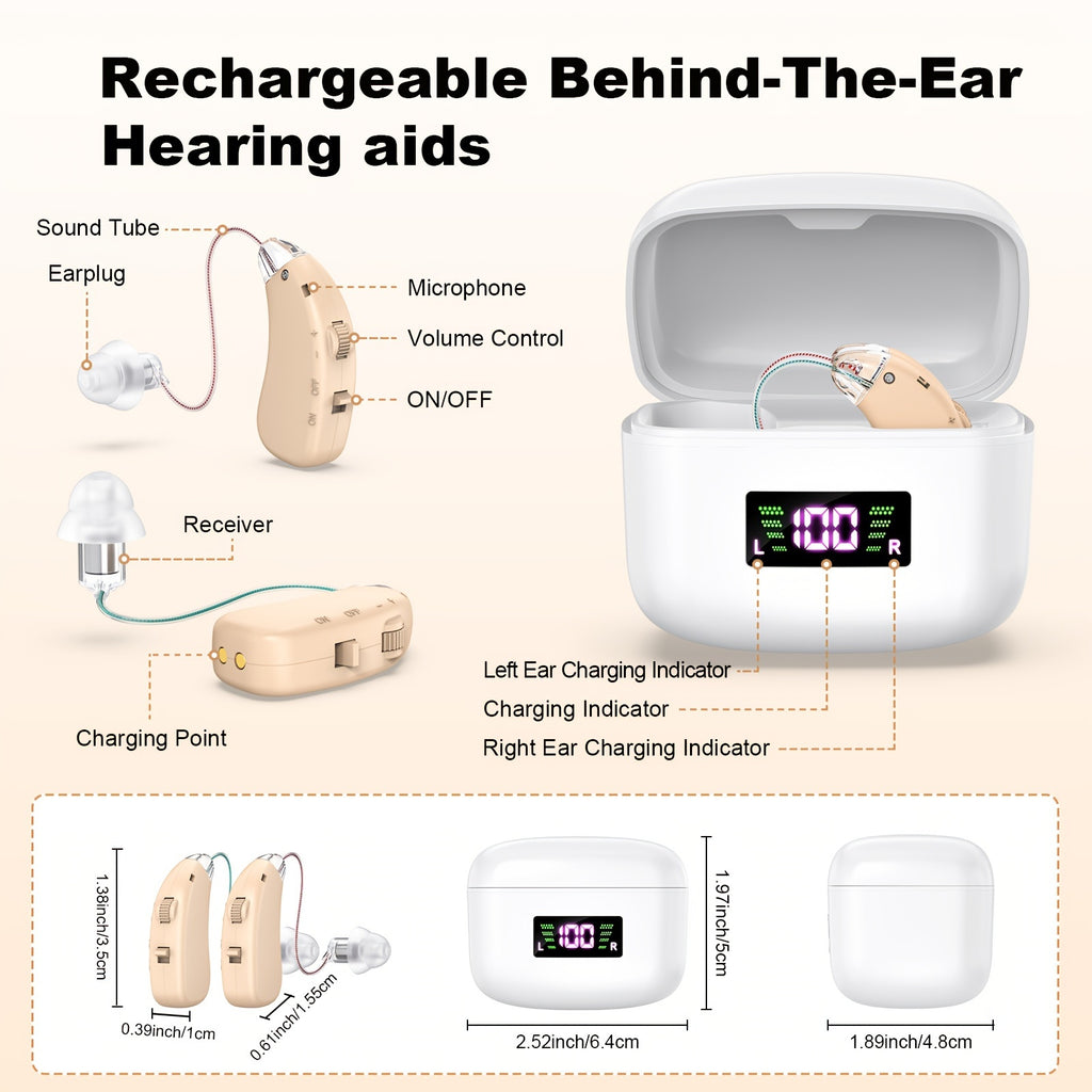 Rechargeable Hearing Amplifier with Listed Magnetic Charging Case, Silicone Ear Tips and Adjustable Listening Wording in TM802 Brown or Silvery Options for Adults