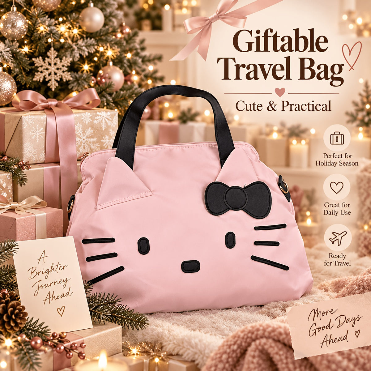 Bow Decorated Nylon Tote Bag with Hello Kitty Theme, Shoulder and Crossbody Carry for Daily Commutes, Gym Visits and Weekend Travel