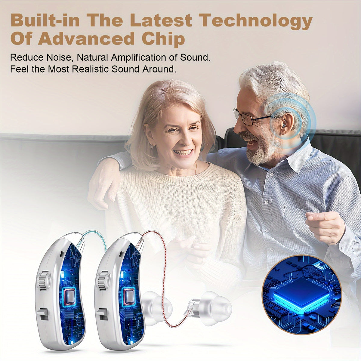 Rechargeable Hearing Amplifier with Listed Magnetic Charging Case, Silicone Ear Tips and Adjustable Listening Wording in TM802 Brown or Silvery Options for Adults