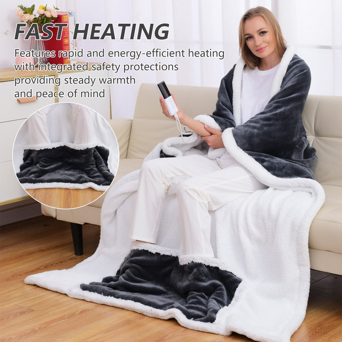 Wearable Heated Blanket by ThermoNest, Long Grey Flannel Throw with Sleeves and Foot Pocket, 6 Heat Levels and 1–12 Hour Auto-Off for Indoor Lounging