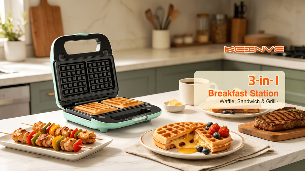 Three-in-One Sandwich and Waffle Maker with Listed 750W Power and Removable Nonstick Plates, Teal and Three-Plate Option Labels for Home Kitchen Meal Preparation