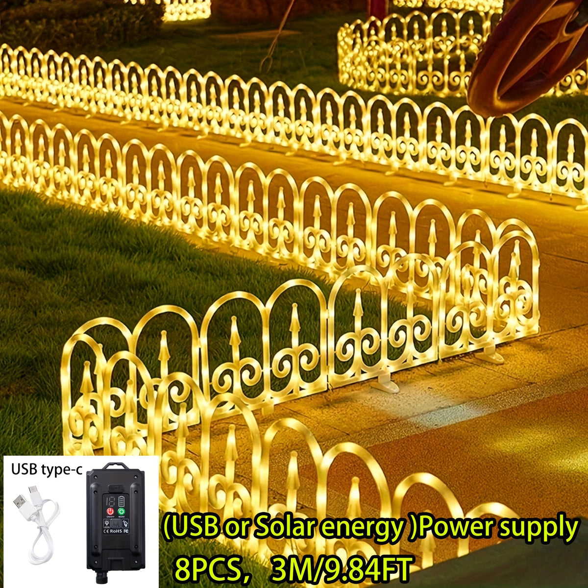 Outdoor Solar Fence Lights in Eight-Piece Packs, Warm Color, Multicolor or Red-Green Options with Listed Solar or USB Power for Patio and Holiday Decoration