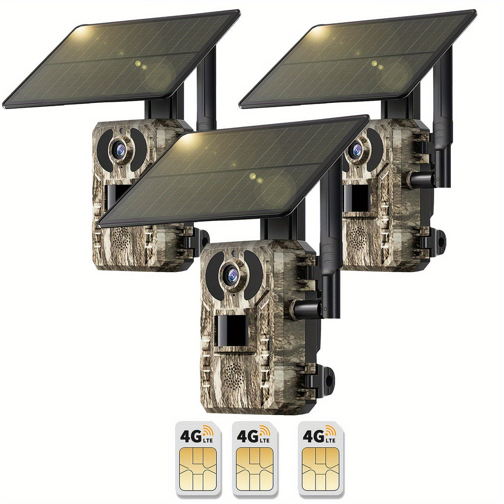 4G LTE Trail Camera with Solar Panel and SIM Card, HD Live View, 0.2s Motion Trigger and Low-Glow Night Vision for Wildlife, One to Three Camera Options
