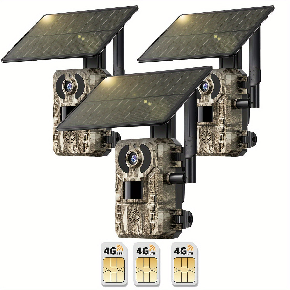 4G LTE Trail Camera with Solar Panel and SIM Card, HD Live View, 0.2s Motion Trigger and Low-Glow Night Vision for Wildlife, One to Three Camera Options
