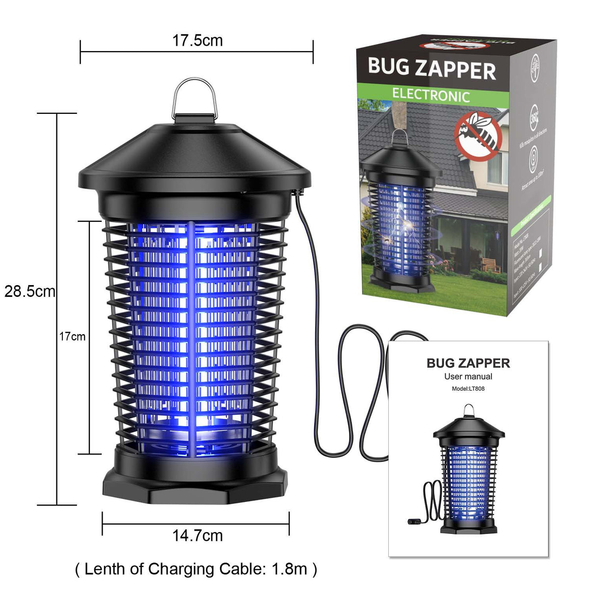 Plug-In Electric Bug Zapper in Black with Listed 18W 365nm Bulb and 4000V Grid, 6ft Cord, Hanging Hook, Removable Collection Tray, Screwdriver and Cleaning Brush