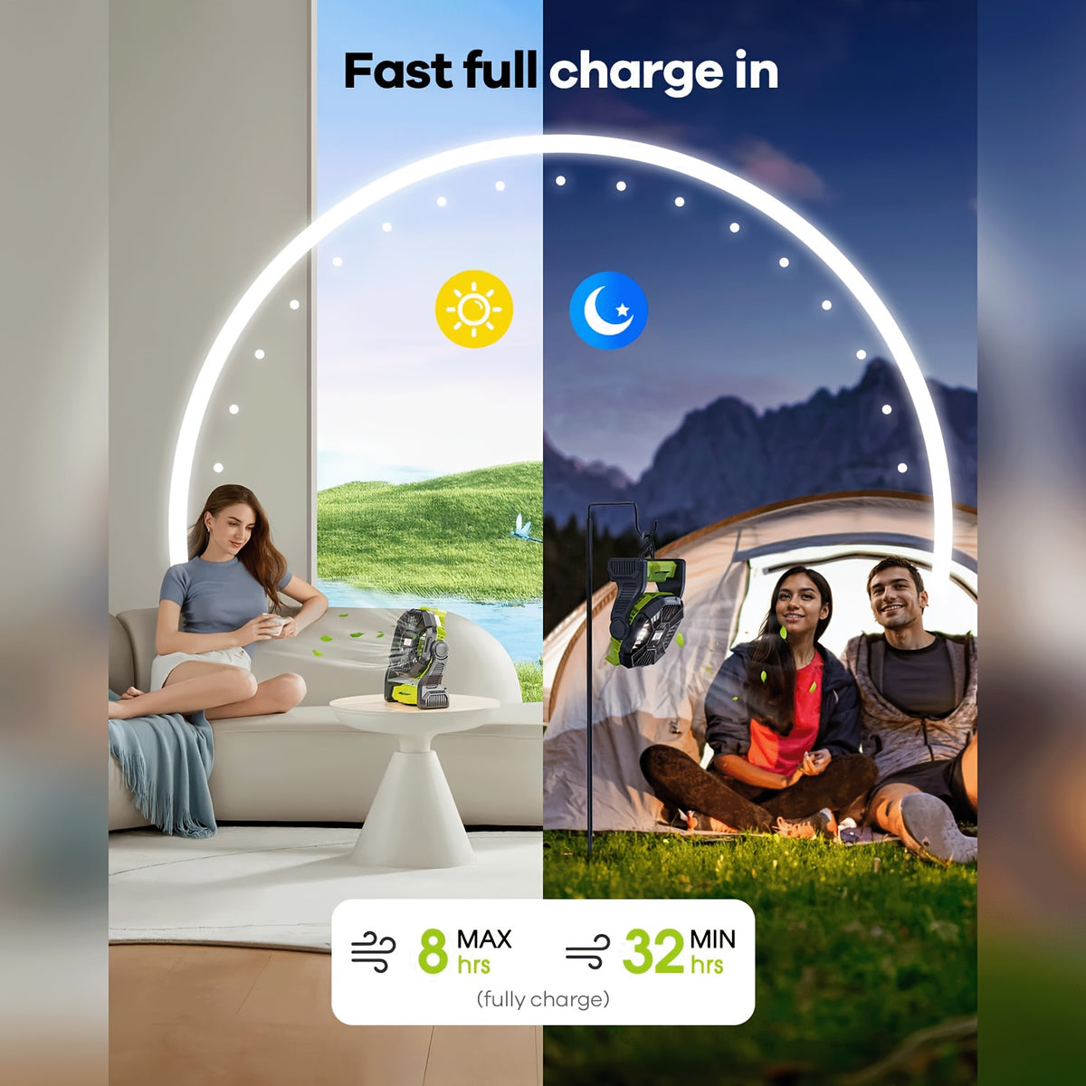 Solar Charging Camping Fan with Listed USB Battery Power and Hanging Hook, X98 Green or Black and X23 Pink, Green or Black Model Options for Picnic and Campsite Airflow
