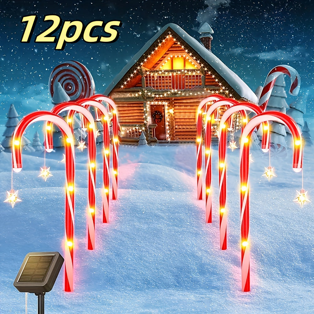 Solar Candy Cane Pathway Lights, 12-Piece Set with 48 Total LEDs, Eight Lighting Modes and Ground Stakes for Christmas Lawn, Garden and Front Yard Displays