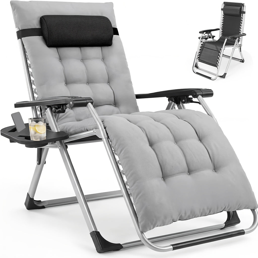 Single Zero Gravity Patio Chair with Removable Cushion and Cup Holder Tray, Foldable Outdoor Recliner in Black or Gray for Beach and Poolside Relaxation