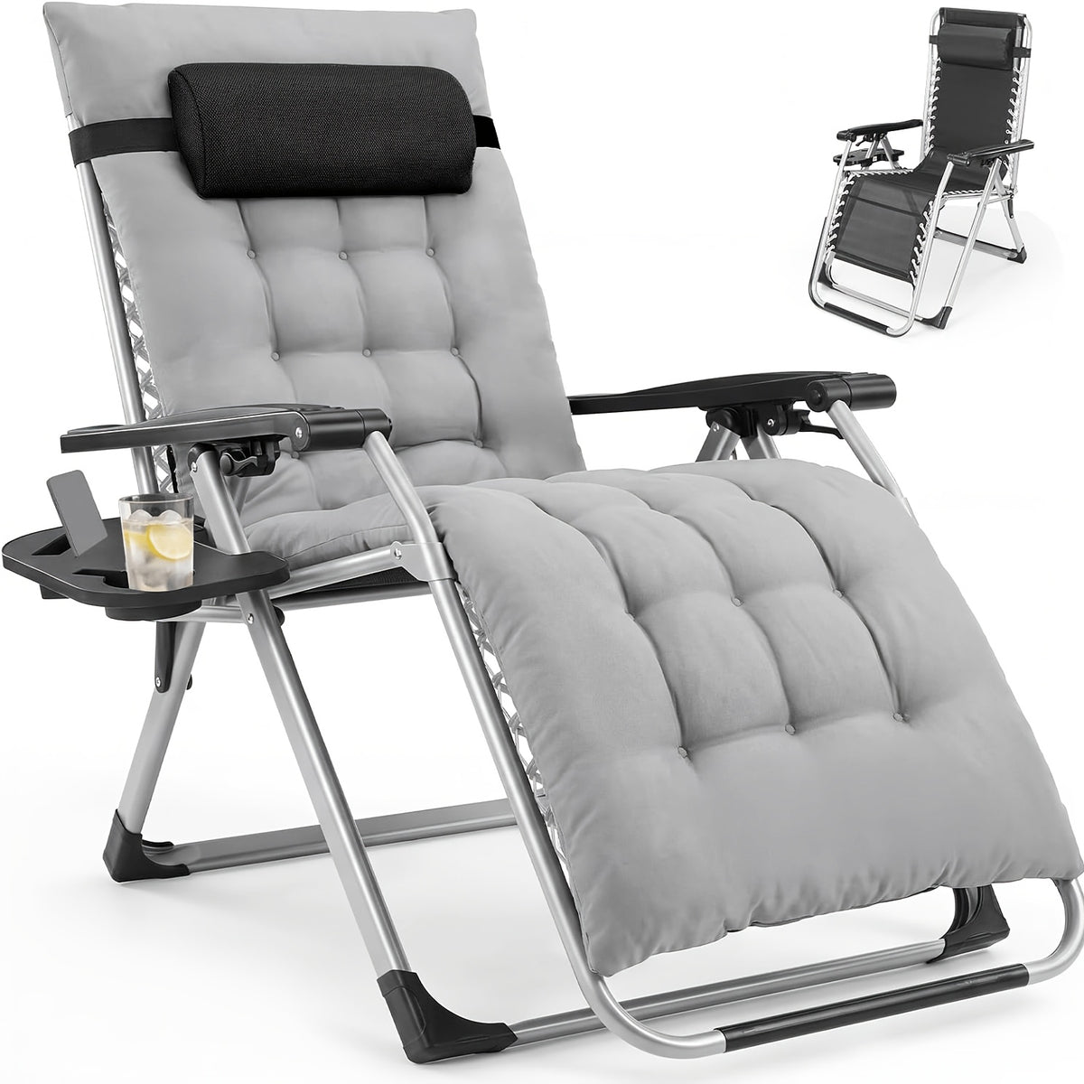 Single Zero Gravity Patio Chair with Removable Cushion and Cup Holder Tray, Foldable Outdoor Recliner in Black or Gray for Beach and Poolside Relaxation