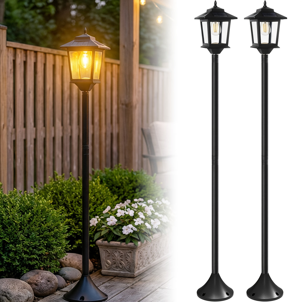 Solar Lamp Post Lights Two-Piece Set with Listed 63-Inch Aluminum Design and Warm White Light for Decorative Garden Paths, Front Yards and Seasonal Outdoor Displays