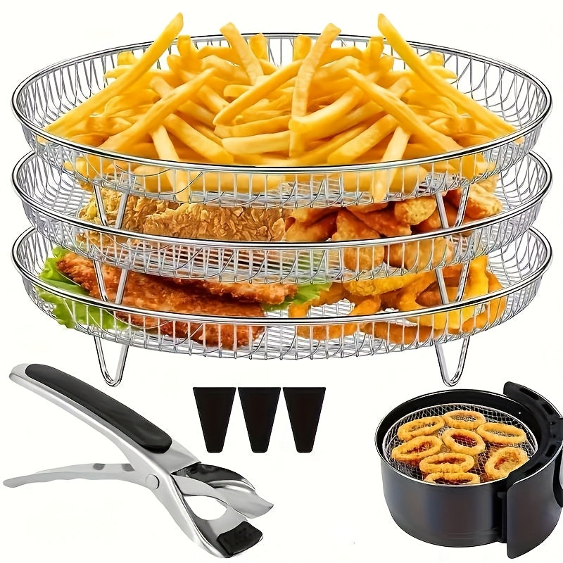 Stainless Steel Air Fryer Rack 7-Piece Set, Stackable Dehydrator Rack with Clip for 4.2 to 5.8 QT Air Fryers, Reusable Round Baking Rack, Washable Air Fryer Accessories for Cooking