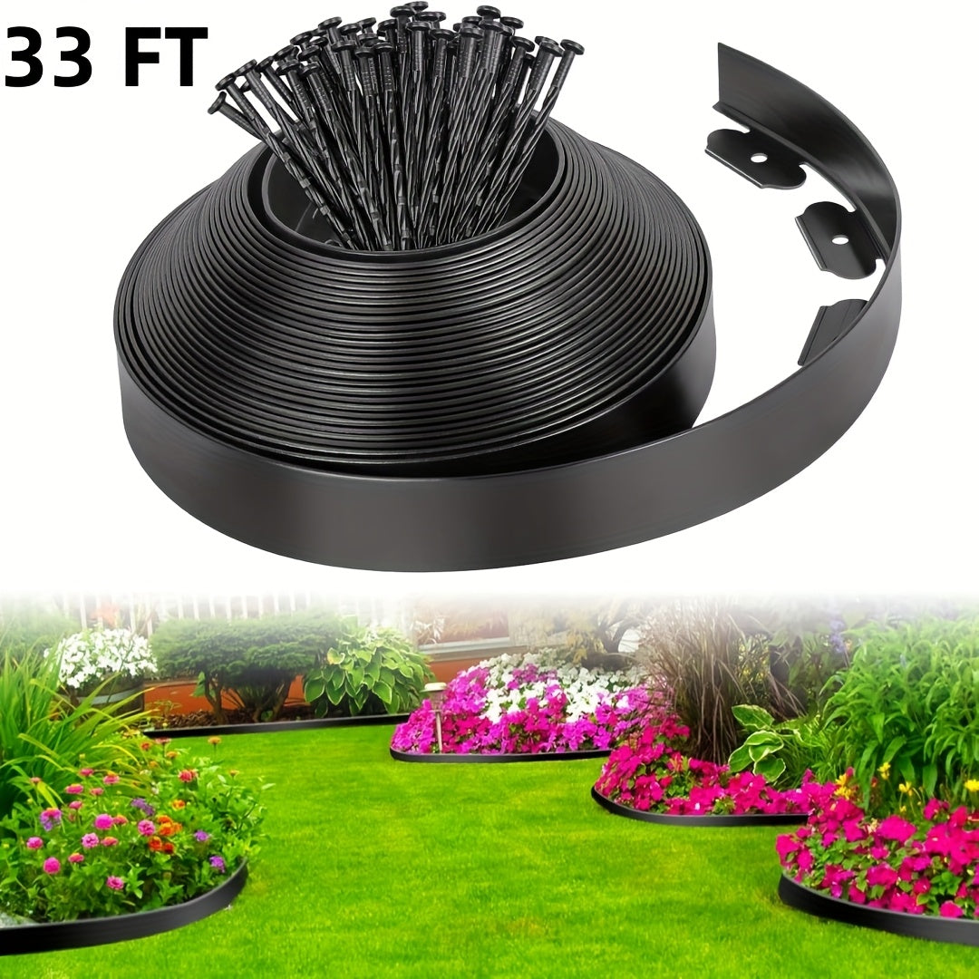 No-Dig Landscape Edging Kit, Flexible HDPE Garden Border with Anchoring Spikes for Flower Beds, Lawn and Pathways, Black or Green with Optional Hammer