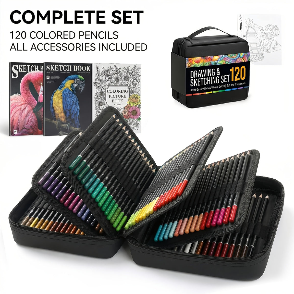 Portable Drawing and Sketching Art Kit, 120-Piece Set with Listed Colored Pencils, Sketchbook, Coloring Book, Sheets and Sharpener for Adult Beginner Creativity