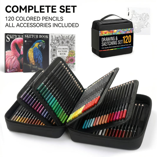 Portable Drawing and Sketching Art Kit, 120-Piece Set with Listed Colored Pencils, Sketchbook, Coloring Book, Sheets and Sharpener for Adult Beginner Creativity