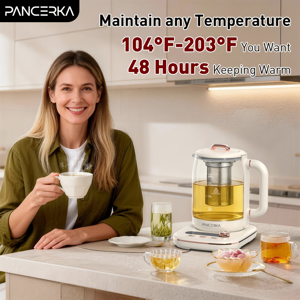Electric Glass Tea Maker by PANCERKA, 1.8L Multifunction Kettle with Infuser and Detachable Filter in Beige for Home Tea Brewing & Kitchen Use
