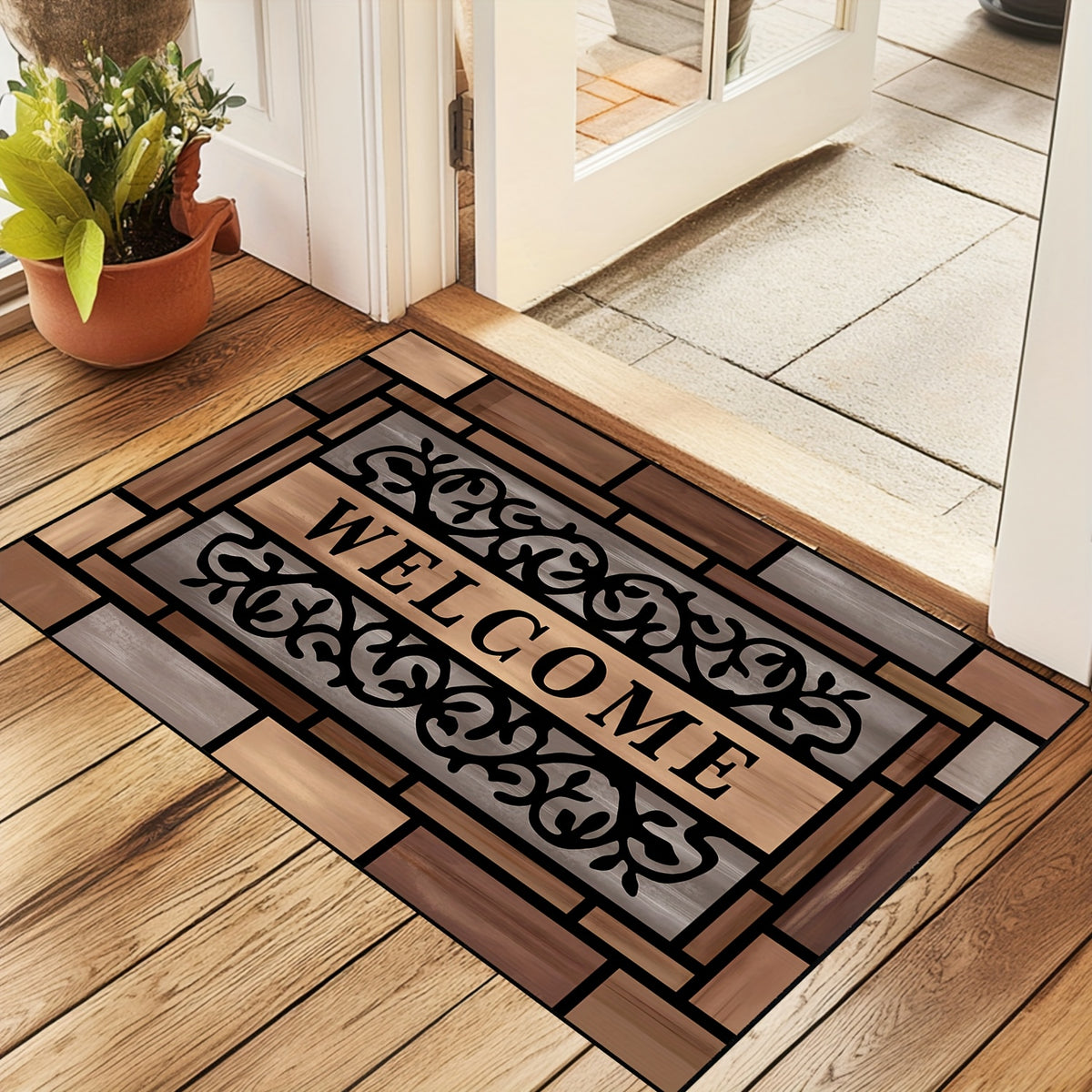 Wood-Pattern Welcome Doormat for Indoor Entryways, Decorative Entrance Floor Mat with Listed Non-Slip Design for Hallways and Home Styling
