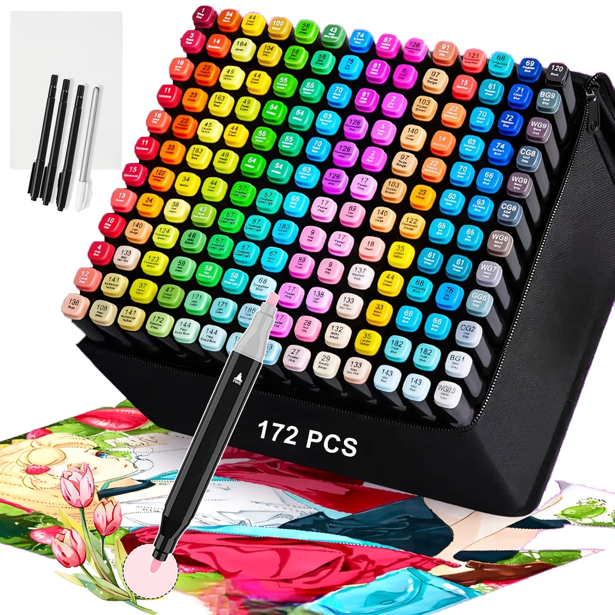 Artist Marker Pens Set 172 Pieces with Chisel and Fine Dual Tips, Drawing and Coloring Supplies with Protective Mat for Adult Sketching and Greeting Cards
