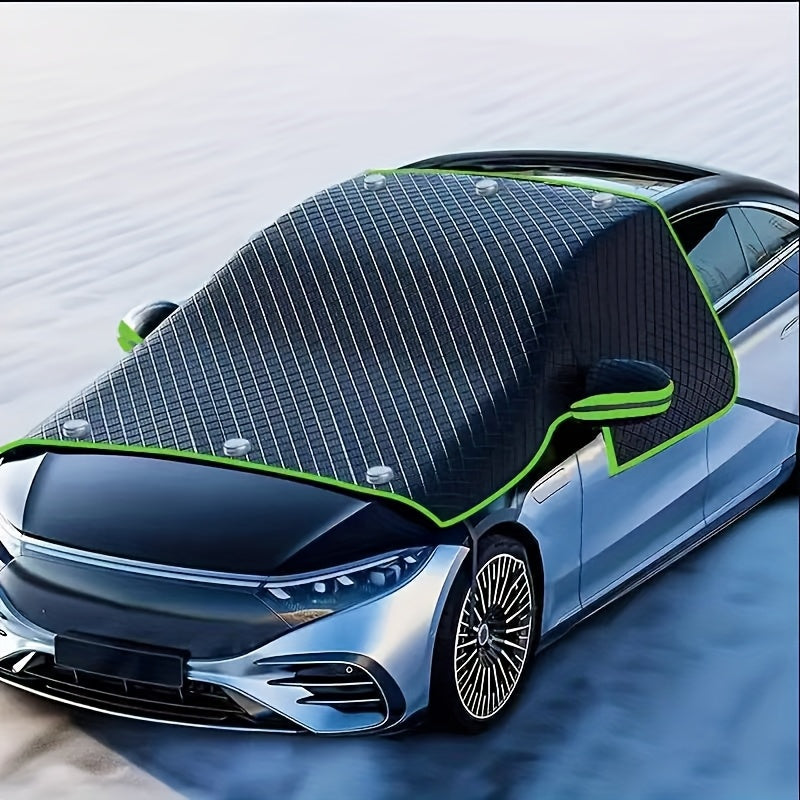 Oxford Fabric Windshield Cover in Green Reflective Style, One-Piece Front Window Snow and Sun Protector for Compatible Parked Cars, SUVs and Trucks