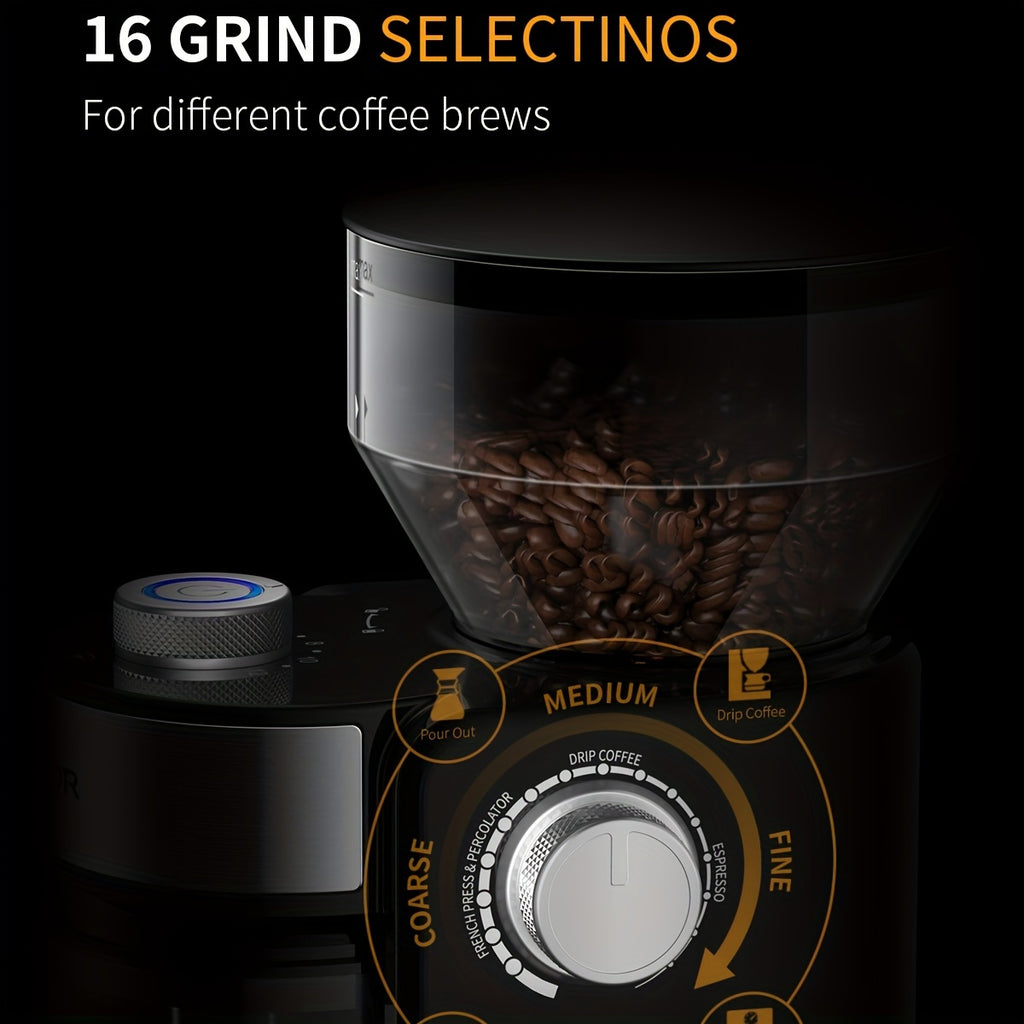Electric Burr Coffee Grinder with 16 Grind Settings, Adjustable Coffee Bean Grinding for 2–14 Cups in Black or Silvery for Home Brewing Routines