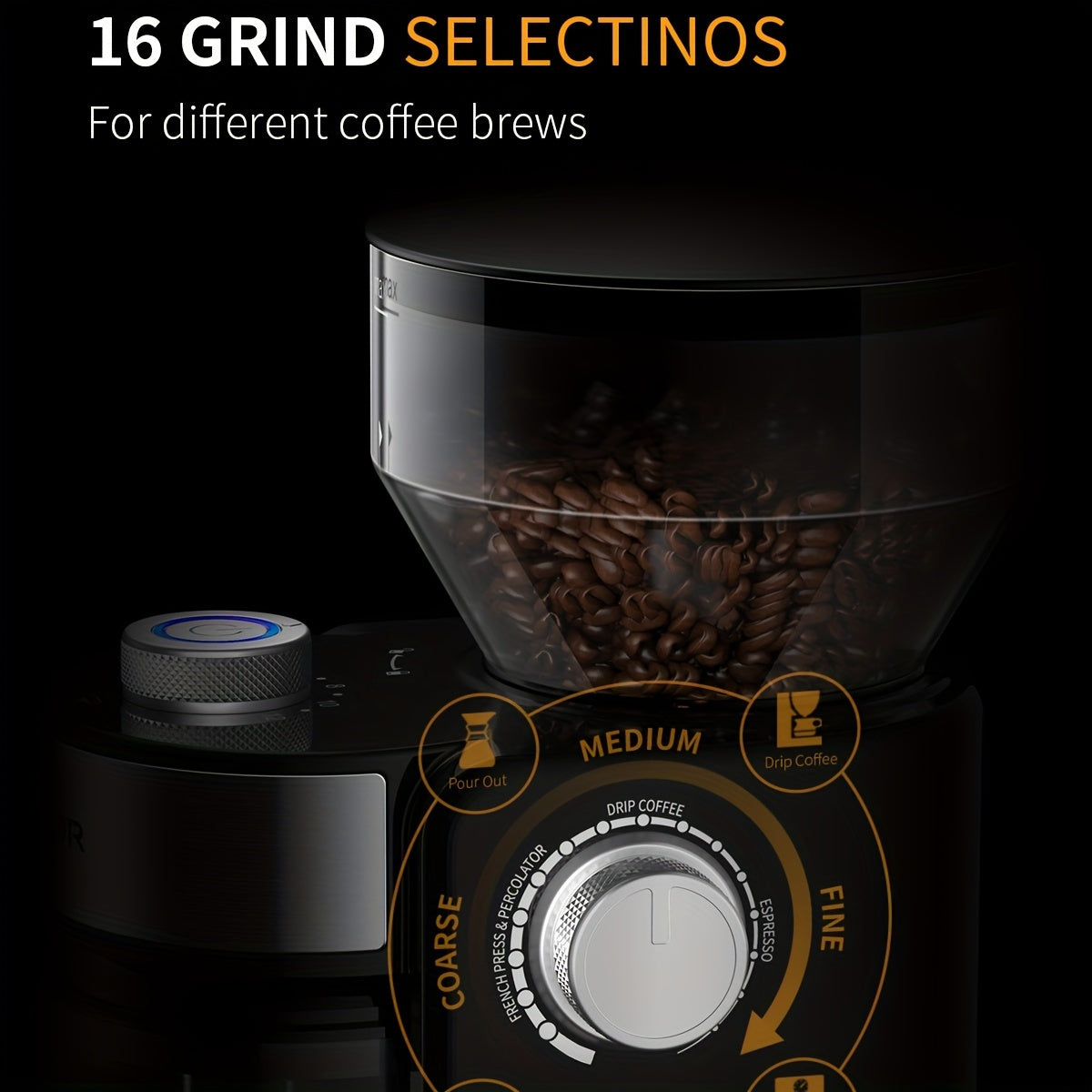 Electric Burr Coffee Grinder with 16 Grind Settings, Adjustable Coffee Bean Grinding for 2–14 Cups in Black or Silvery for Home Brewing Routines