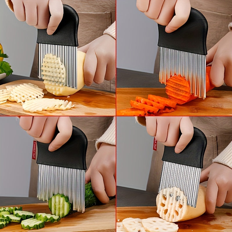 Crinkle Cutter with Stainless Steel Wavy Blade, Single Manual Vegetable Cutting Tool for Potato Fries, Carrot Slices, Fruit and Salad Preparation