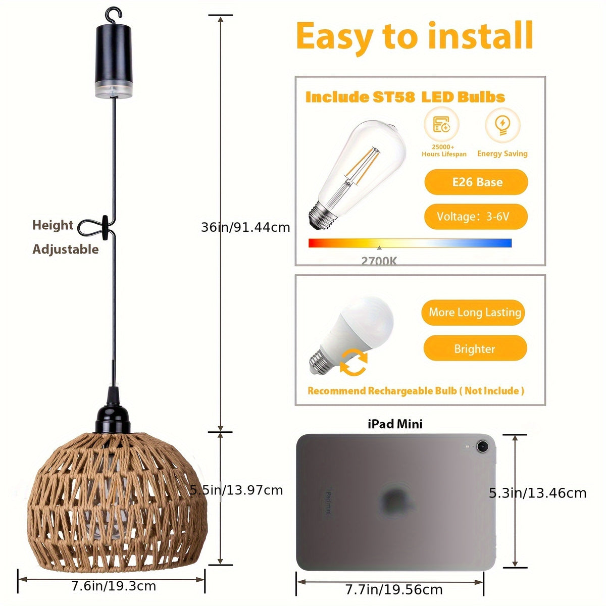 Battery Pendant Lights in a Two-Piece Woven Rattan-Style Set with Remote Control, Dimmable Warm White LED and Timer for Decorative Hanging Displays
