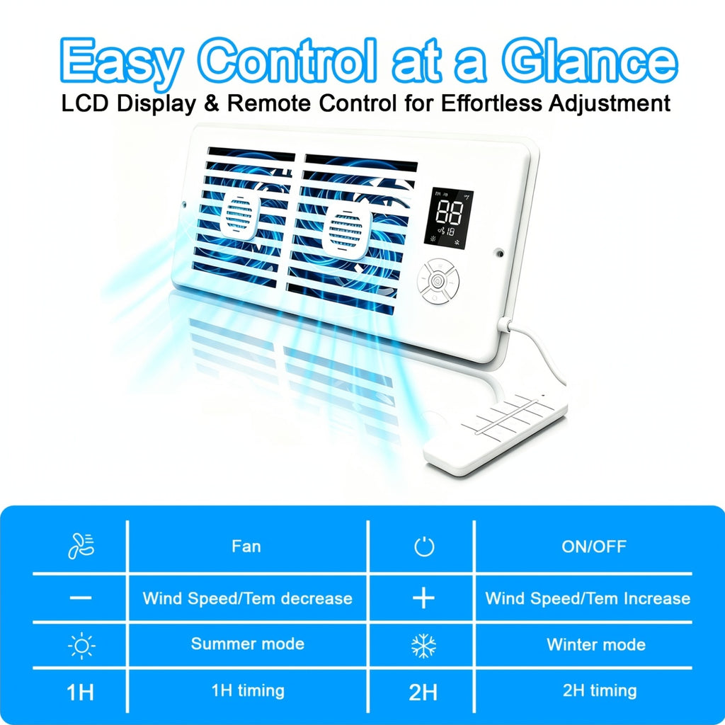 Vent Booster Fan for 4 x 10 Inch Openings, White 10-Speed Airflow Booster with Digital Automatic Temperature Control and Remote for Compatible Home Vents